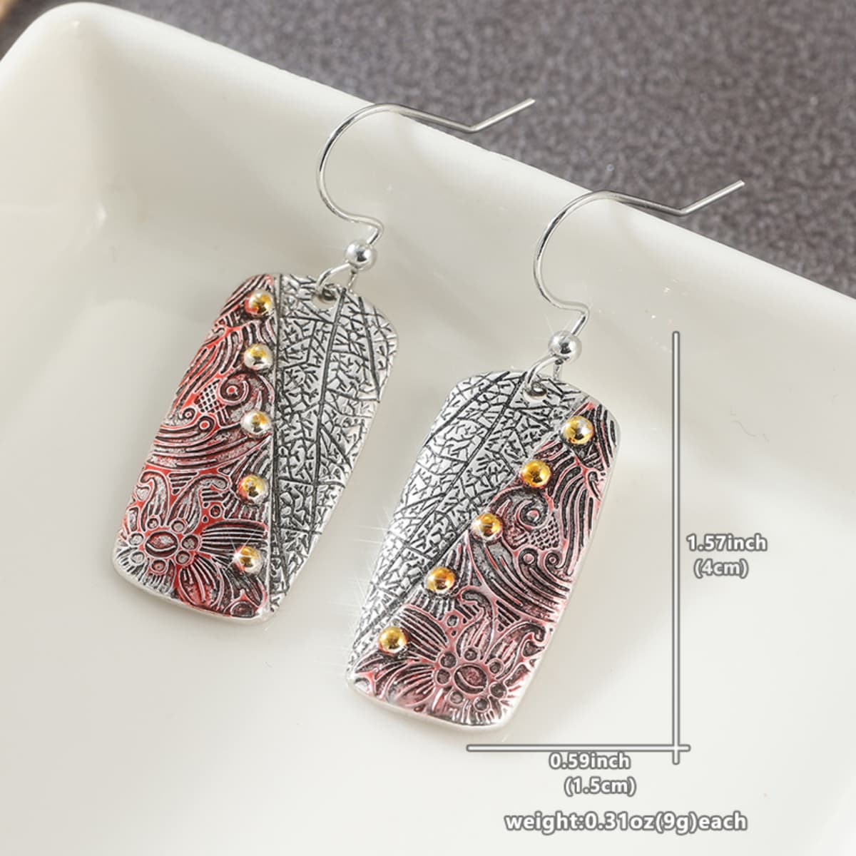 Plated Rectangular Dual Floral Leaf Dangle Earrings